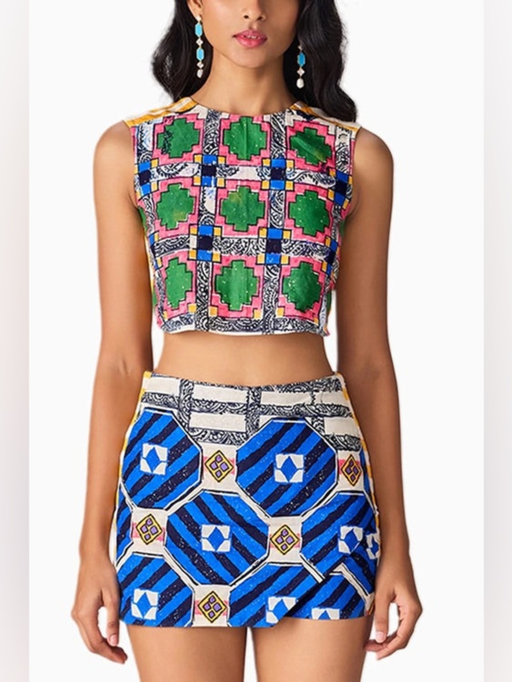 Saaksha & Kinni Funky Geo Zelda Crop Top & Mini Sia Skort Set Blue Pink NWT